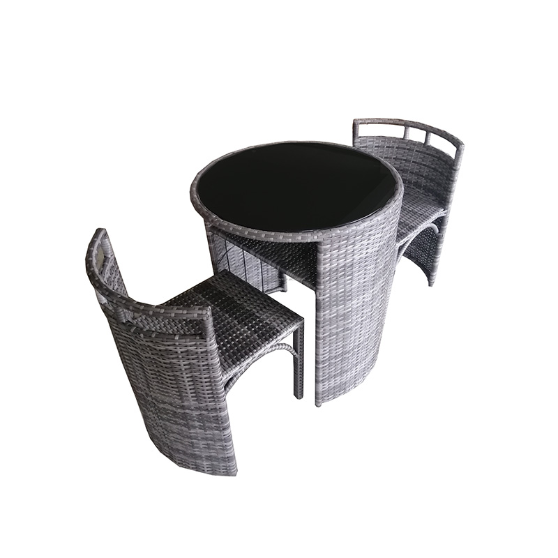 Round Small Grey Compact Poly Rattan Ratan Outdoor Bistro Table Set Patio Balcony Garden Furniture