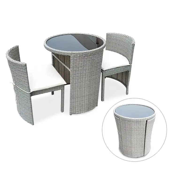 Round Small Grey Compact Poly Rattan Ratan Outdoor Bistro Table Set Patio Balcony Garden Furniture