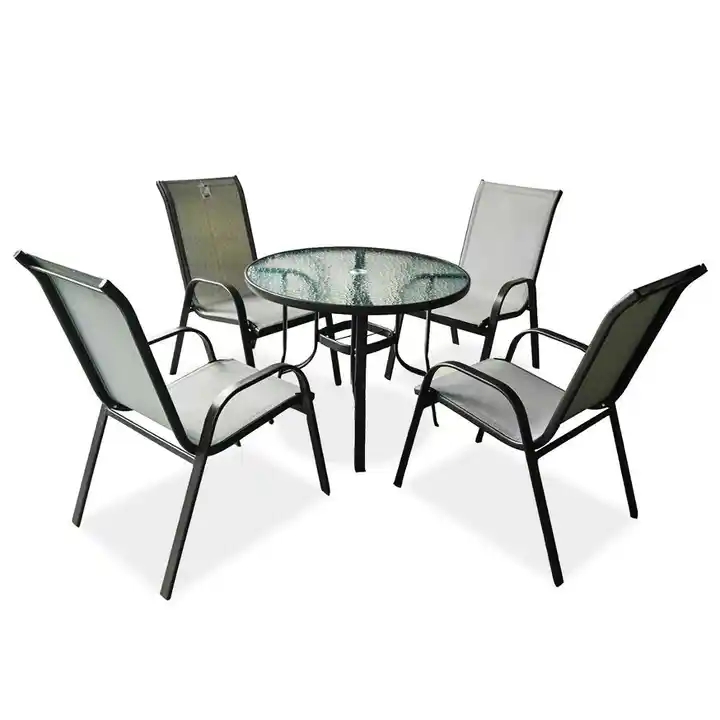 5pcs Outdoor Sling Metal Hope Pro Garden Patio Furniture Funiture Seating Sitting Chair and Table Set of 4 with 4 Chairs