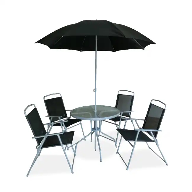 6 Piece Outdoor Modern Metal Folding Foldable Garden Chairs and Table Patio Furniture Garden Patio Set with Umbrella
