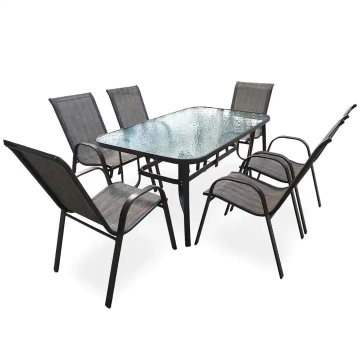 7 Piece Modern Metal Steel Outdoor Patio Conversation Dining Dinning Tables and Chairs Patio Garden Furniture Set
