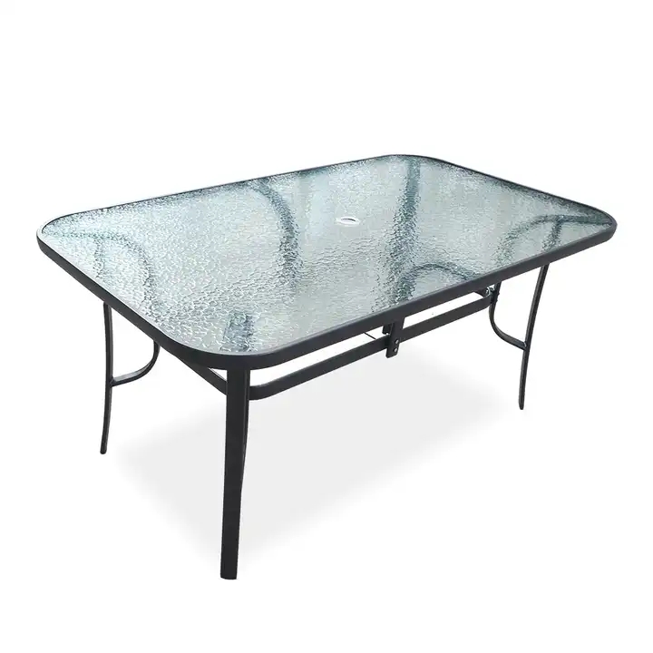 Rectangular Modern Outdoor Iron Metal Tempered Glass Patio Dining Garden Table with Umbrella Hole Glass Top